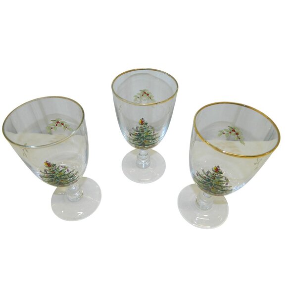 Spode Christmas Tree Goblet Set Of 3 Gold Rim 7" Footed Vintage Holiday Glasses - Picture 2 of 14